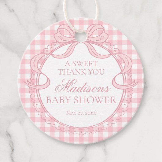 Pink Gingham Coquette Bow Baby Shower Circle フェイバータグ (正面)