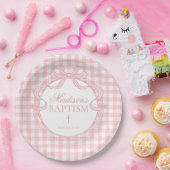 Pink Gingham Coquette Bow Baptism ペーパープレート (パーティー)