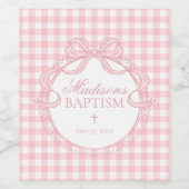 Pink Gingham Coquette Bow Baptism ワインラベル (シングルラベル)
