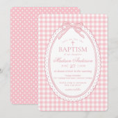Pink Gingham Coquette Bow Baptism 招待状 (正面/裏面)