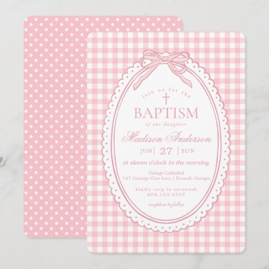 Pink Gingham Coquette Bow Baptism 招待状 (正面/裏面)