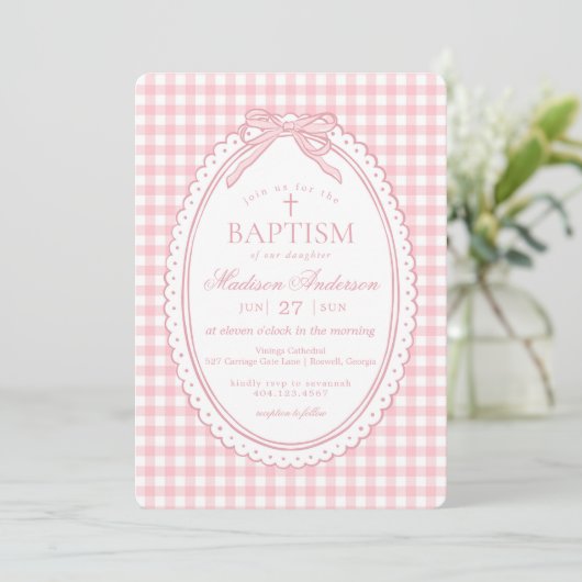 Pink Gingham Coquette Bow Baptism 招待状 (スタンド正面)