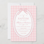 Pink Gingham Coquette Bow Baptism 招待状 (正面)
