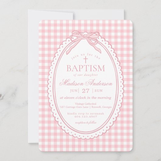 Pink Gingham Coquette Bow Baptism 招待状 (正面)