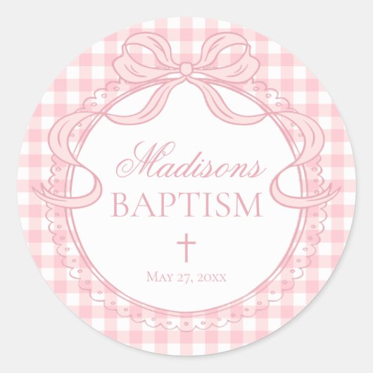 Pink Gingham Coquette Bow Baptism Envelope Seal ラウンドシール (正面)