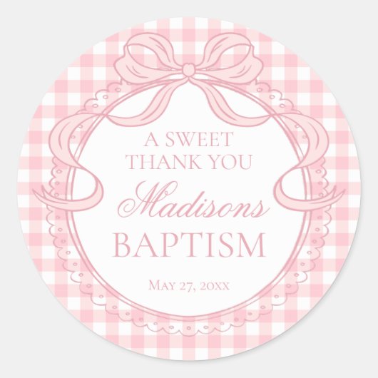 Pink Gingham Coquette Bow Baptism Favor ラウンドシール (正面)