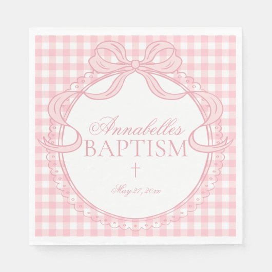 Pink Gingham Coquette Bow Baptism Table Decor スタンダードランチョンナプキン (正面)