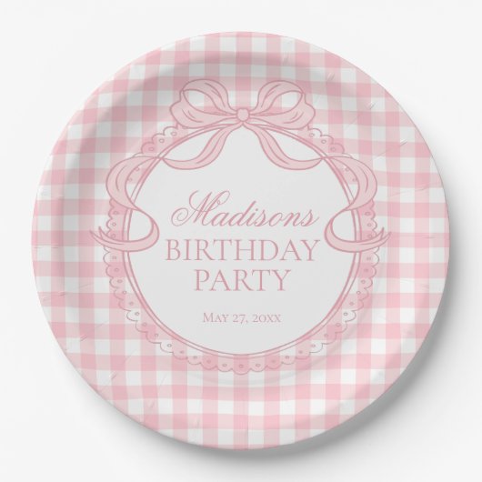 Pink Gingham Coquette Bow Birthday Party ペーパープレート (正面)