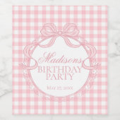 Pink Gingham Coquette Bow Birthday Party ワインラベル (シングルラベル)