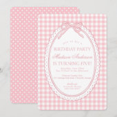 Pink Gingham Coquette Bow Birthday Party 招待状 (正面/裏面)