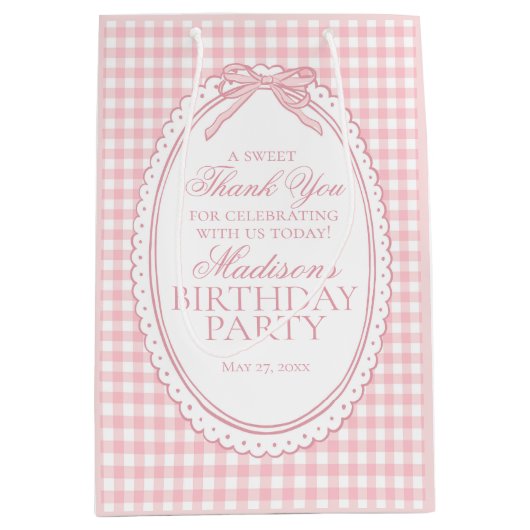 Pink Gingham Coquette Bow Birthday Party Favors ミディアムペーパーバッグ (正面)