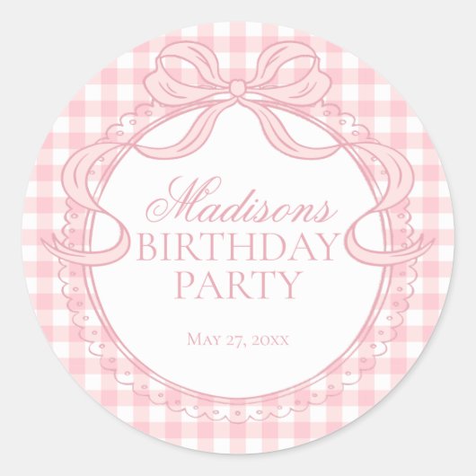 Pink Gingham Coquette Bow Birthday Seal ラウンドシール (正面)