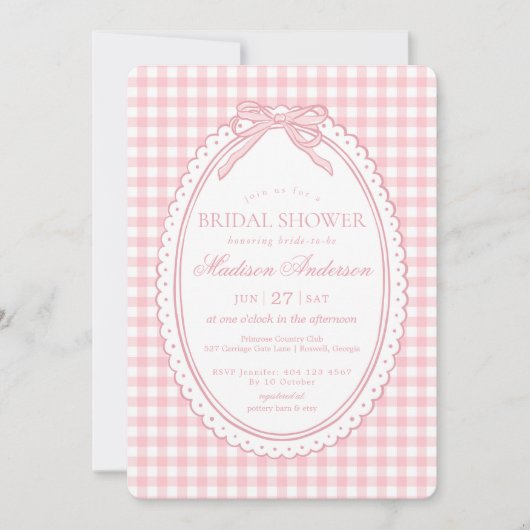 Pink Gingham Coquette Bow Bridal Shower 招待状 (正面)