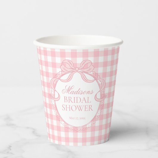 Pink Gingham Coquette Bow Bridal Shower 紙コップ (正面)