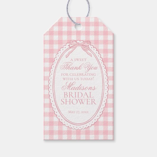 Pink Gingham Coquette Bow Bridal Shower Favors ギフトタグ (正面)