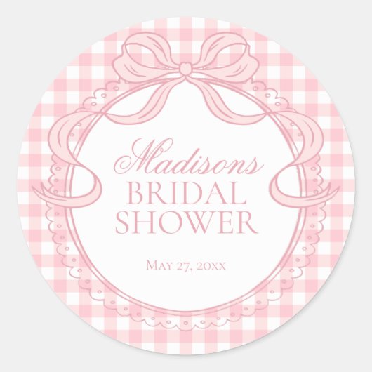 Pink Gingham Coquette Bow Bridal Shower Seal ラウンドシール (正面)