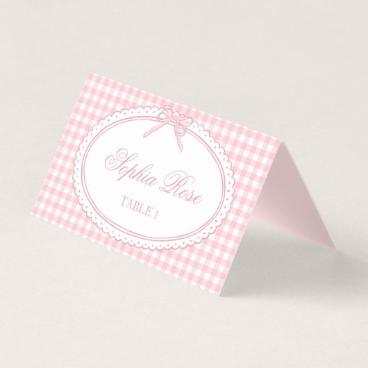 Pink Gingham Coquette Bow Place Card Table Decor (正面)