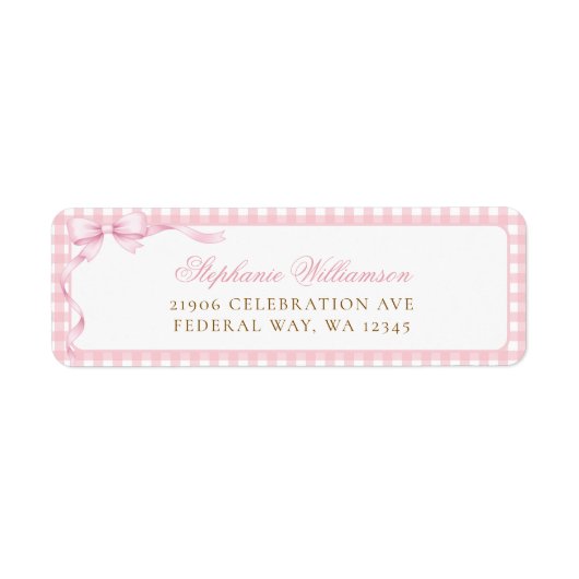 Pink Gingham Coquette Bow Return Address ラベル (正面)