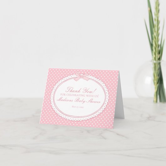 Pink Gingham Coquette Bow Thank You Card  サンキューカード (正面)