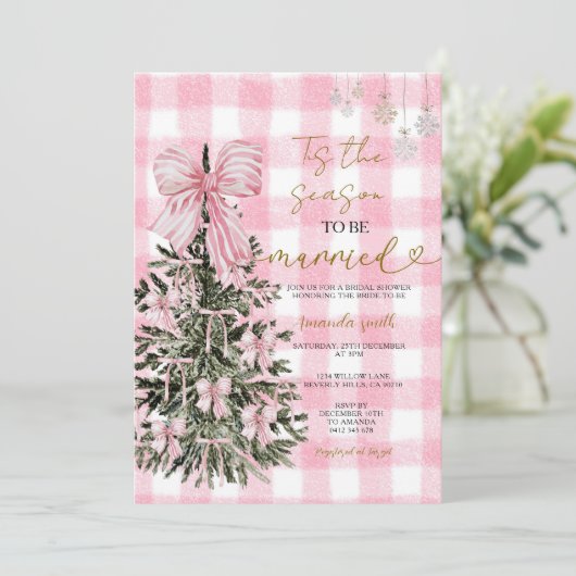 Pink Gingham Coquette Christmas Tree Bridal Shower 招待状 (スタンド正面)