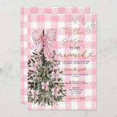 Pink Gingham Coquette Christmas Tree Bridal Shower 招待状 (正面/裏面)
