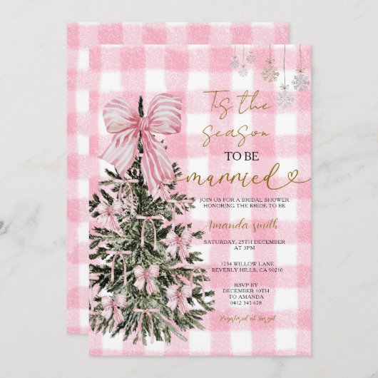 Pink Gingham Coquette Christmas Tree Bridal Shower 招待状 (正面/裏面)