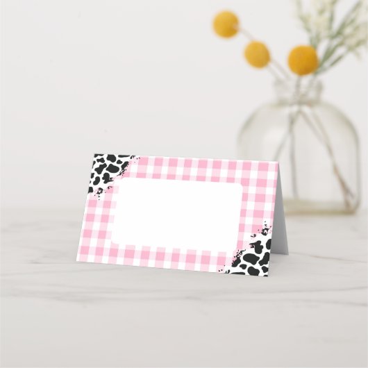 Pink Gingham Cow Print Place Cards プレイスカード (正面)