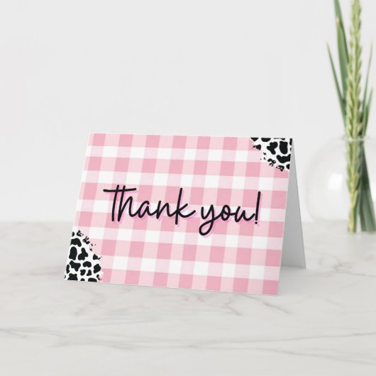 Pink Gingham Cow Print Thank You Card for Birthday サンキューカード (正面)