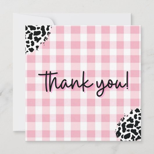 Pink Gingham Cow Print Thank You Card for Birthday サンキューカード (正面)