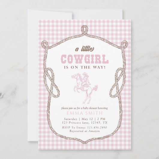 Pink Gingham Cowboy Baby Shower Vintage Preppy  招待状 (正面)