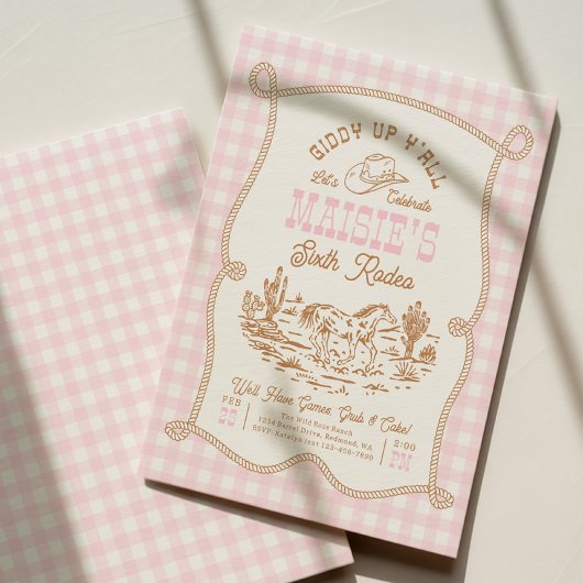 Pink Gingham Cowgirl Birthday Invitation 招待状