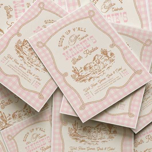 Pink Gingham Cowgirl Birthday Invitation 招待状
