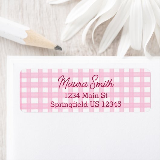 Pink Gingham cute return address ラベル (インサイチュ)