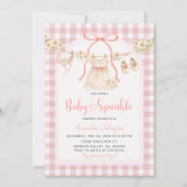Pink Gingham Daisy Clothesline Baby Sprinkle  招待状 (正面)