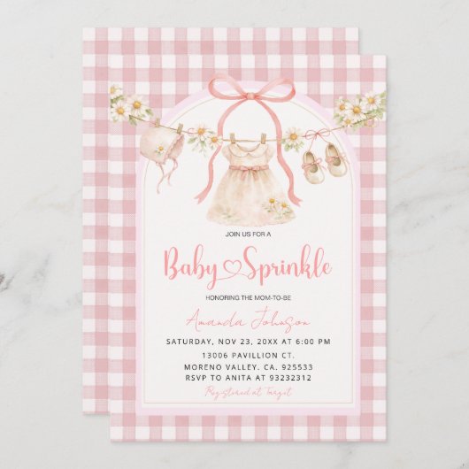 Pink Gingham Daisy Clothesline Baby Sprinkle  招待状 (正面/裏面)