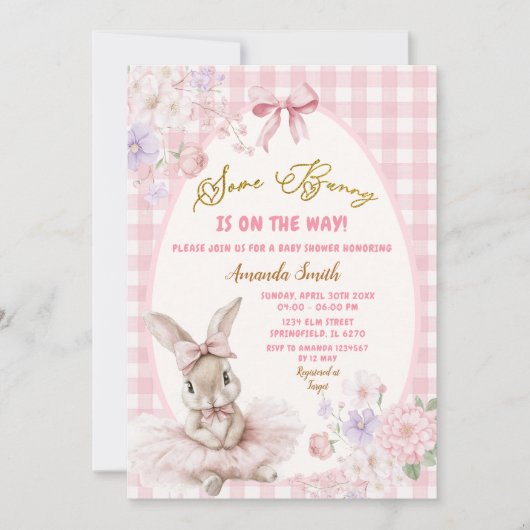 Pink Gingham Easter Some Bunny Floral Baby Shower 招待状 (正面)