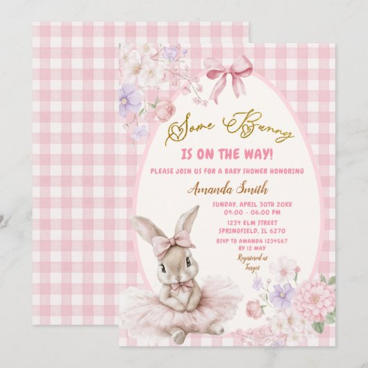 Pink Gingham Easter Some Bunny Floral Baby Shower 招待状 (正面/裏面)