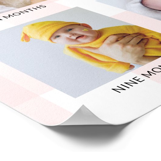 Pink Gingham First Birthday Photo Timeline ポスター (角)