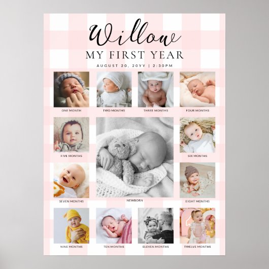 Pink Gingham First Birthday Photo Timeline ポスター (正面)
