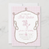 Pink Gingham First Rodeo 1st Birthday Cowboy 招待状 (正面)