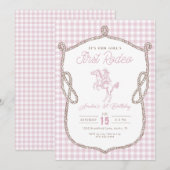 Pink Gingham First Rodeo 1st Birthday Cowboy 招待状 (正面/裏面)