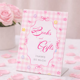 Pink Gingham Floral Baby Shower Books and Gifts 台座サイン