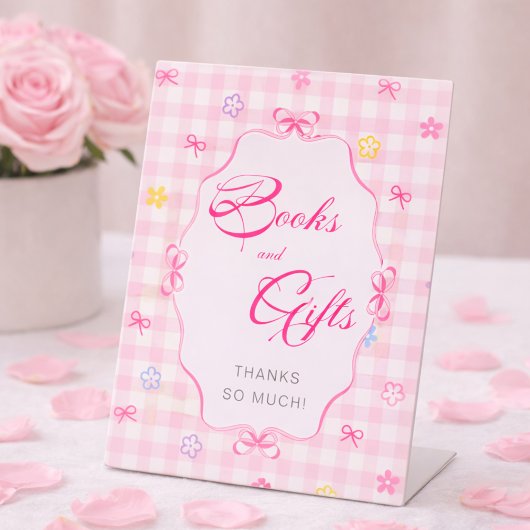 Pink Gingham Floral Baby Shower Books and Gifts 台座サイン