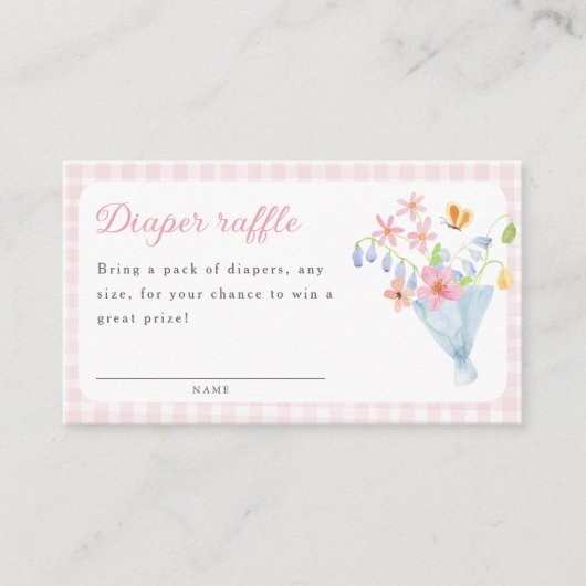 Pink Gingham Floral Bouquet Diaper raffle エンクロージャーカード (正面)