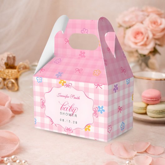 Pink Gingham Floral Bow Baby Shower Favor Boxes フェイバーボックス