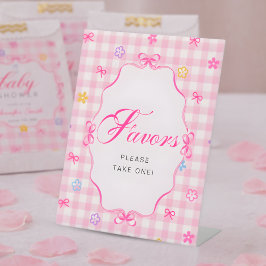 Pink Gingham Floral Bow Baby Shower Favors Sign 台座サイン