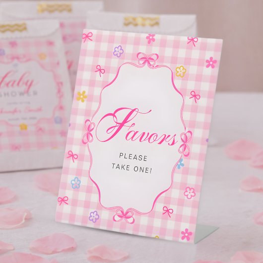 Pink Gingham Floral Bow Baby Shower Favors Sign 台座サイン
