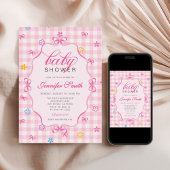 Pink Gingham Floral Bow Baby Shower Invitation 招待状
