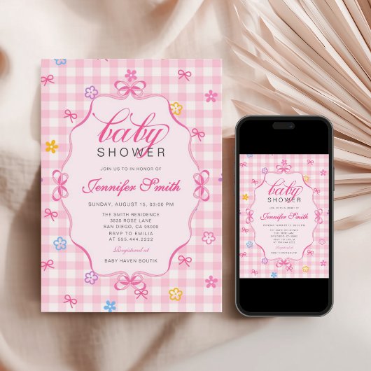 Pink Gingham Floral Bow Baby Shower Invitation 招待状