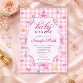 Pink Gingham Floral Bow Baby Shower Invitation 招待状